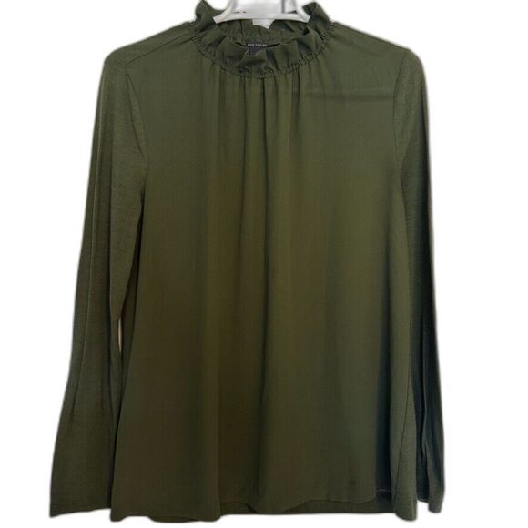 Ann Taylor Ruffle Smocked Neck Long Sleeve Green Top Blouse, Size S - Picture 1 of 6